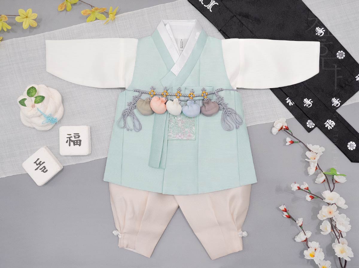Pastel Warm Sky Blue Phoenix Embroidery Baby Boy Hanbok main image 1