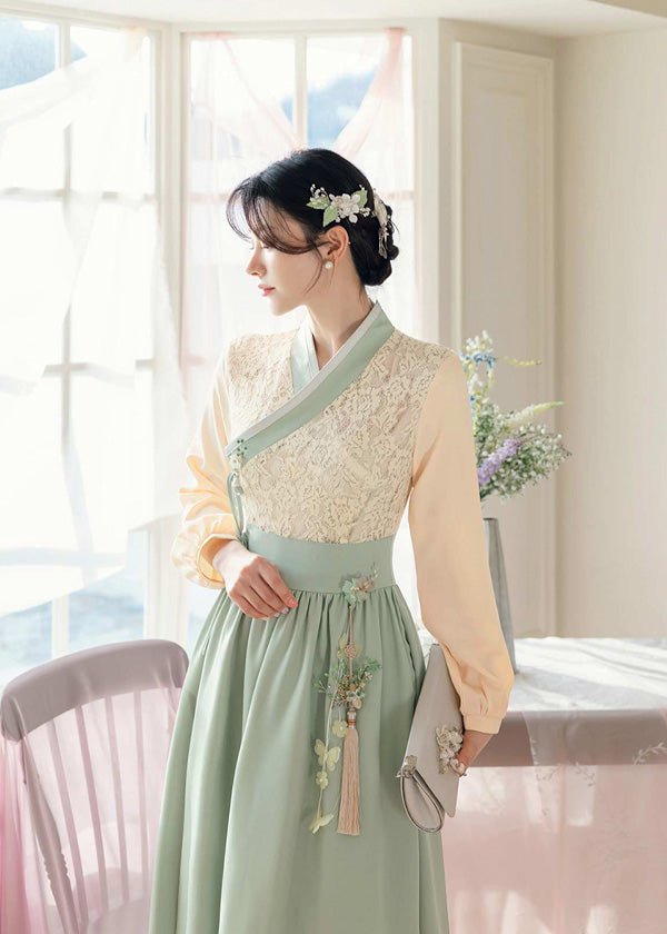 Beige Floral Lace Modern Hanbok Dress in Light Green, F Beige Floral Lace Modern Hanbok Dress in Light Green, F