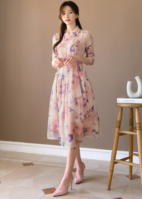 Pastel Floral Chiffon Modern Hanbok Dress, L / Dress Only Pastel Floral Chiffon Modern Hanbok Dress, L / Dress Only