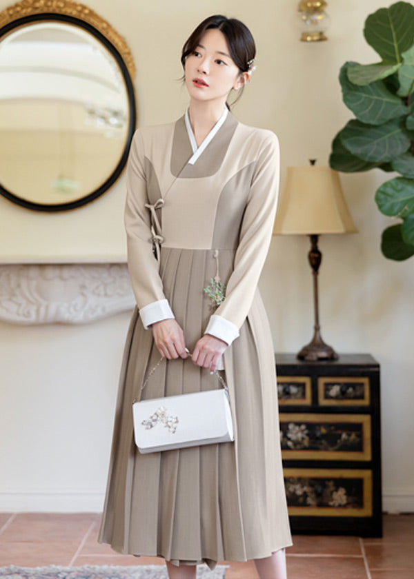 Serenity Matte Beige Pleated Modern Hanbok Dress – Joteta Korean