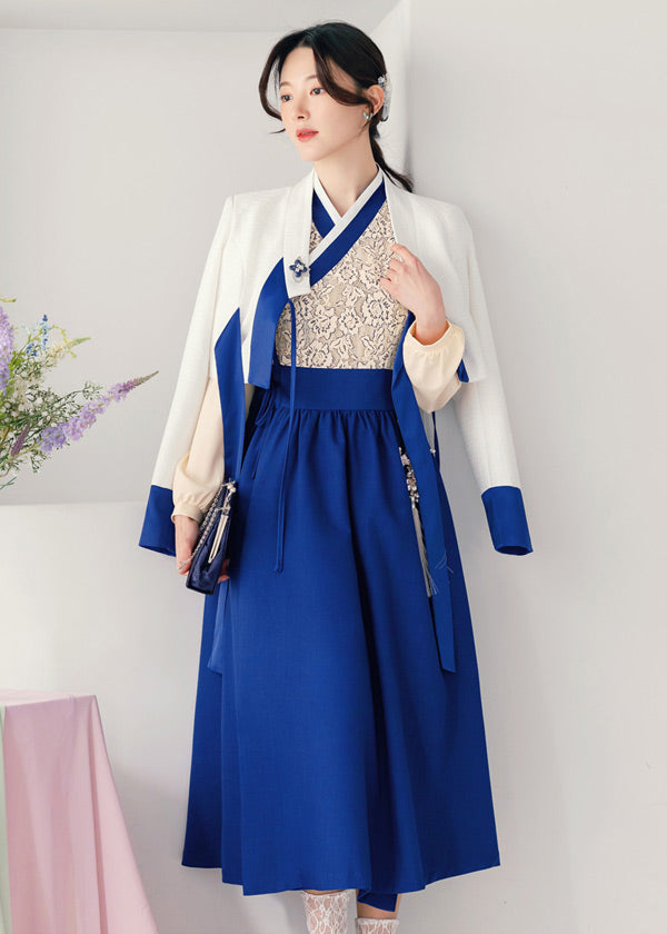 Beige Floral Lace Modern Hanbok Dress in Blue, XL / Dress Only Beige Floral Lace Modern Hanbok Dress in Blue, XL / Dress Only