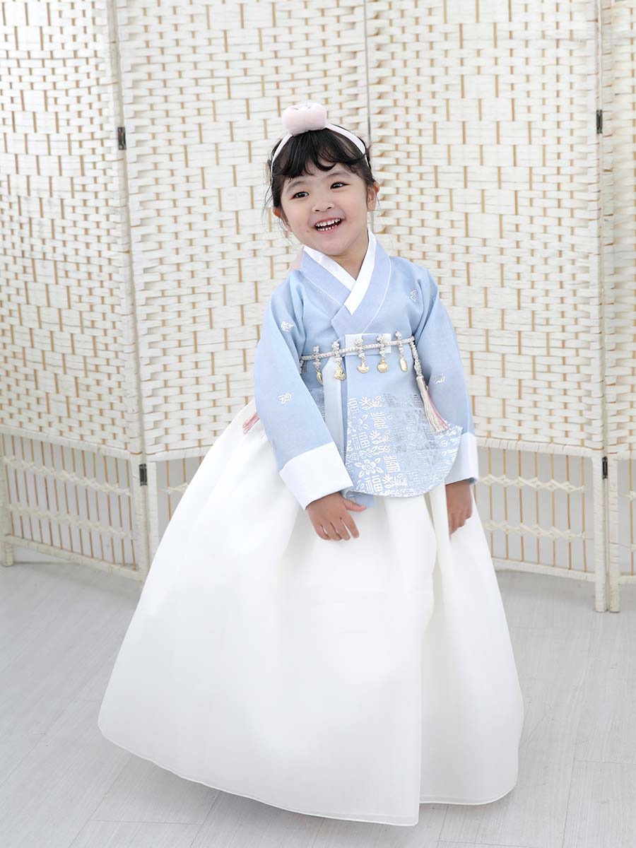 Silver Foiled Imperial Style Girls Hanbok in Skyblue