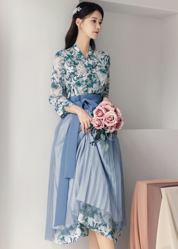 Teal Floral Modern Hanbok Dress – Joteta Korean Online Shop