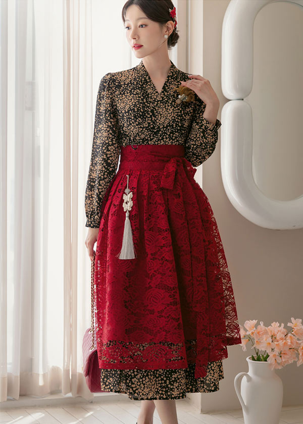 Autumn Flow Modern Hanbok Dress, F / Dress & Skirt