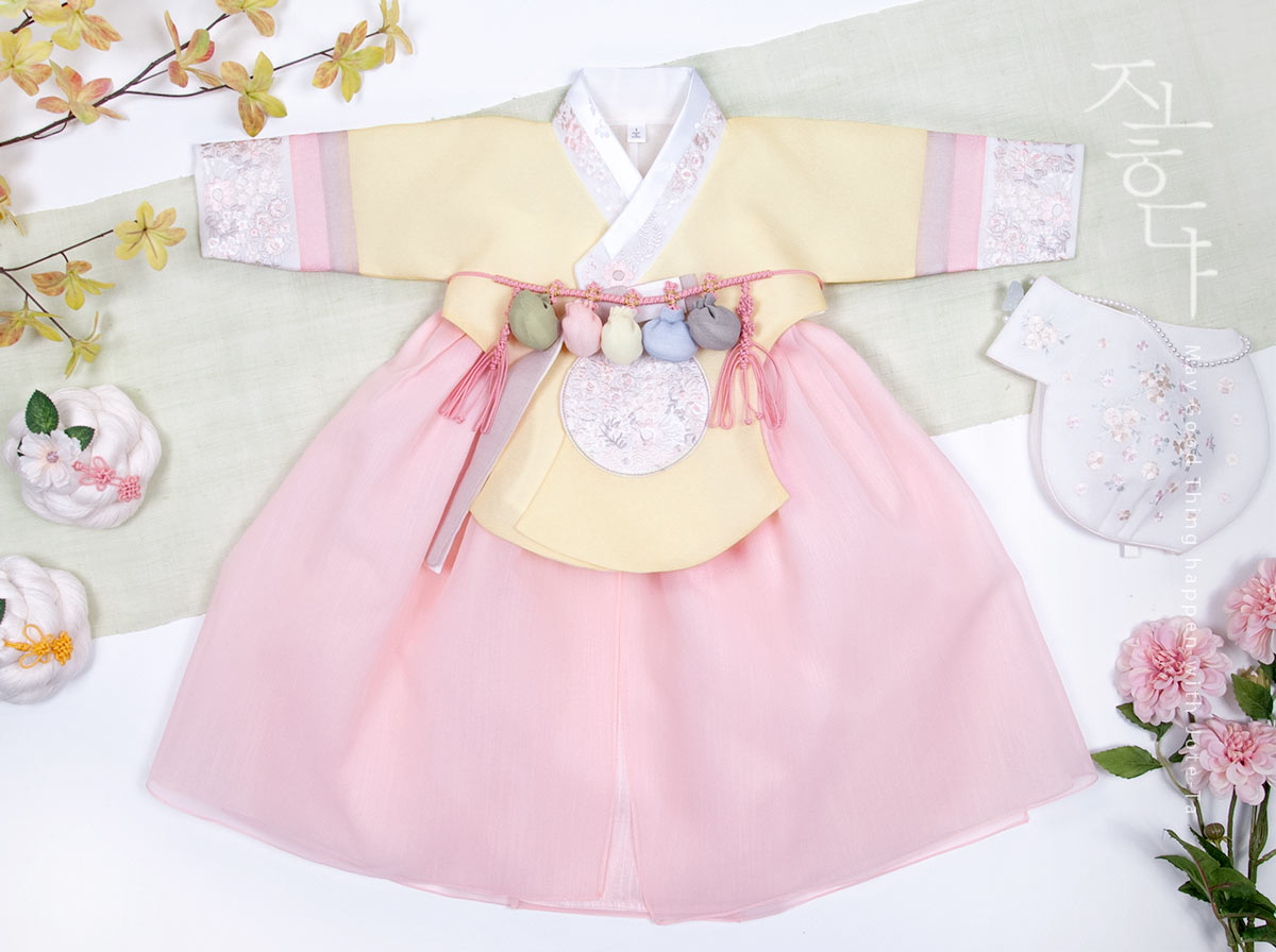 Lotus Embroidery Baby Girl Hanbok in Yellow & Hot Pink main image 0