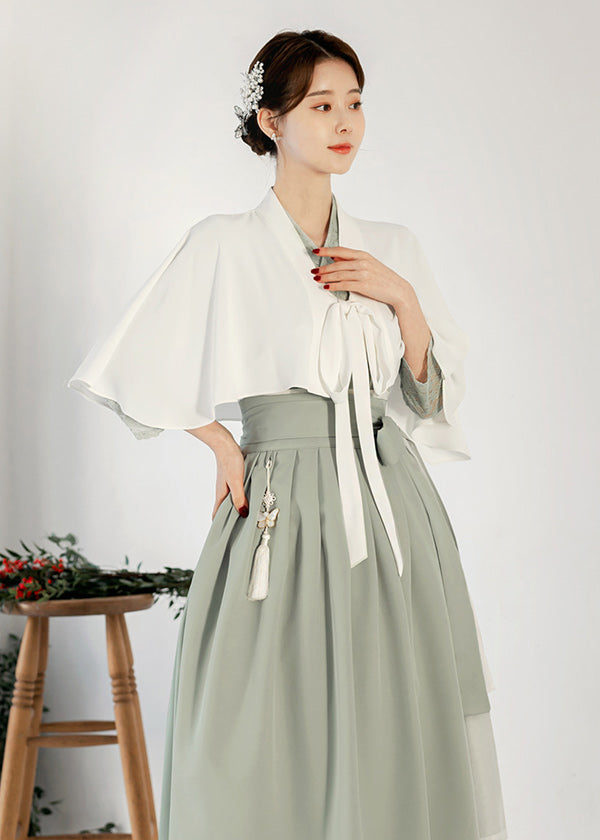 modern korean dress style female Hanbok Women Dot Pattern Dress, Korean Modern Hanbok Wrap Style Long Dress, Korea Modernized Daily Casual Party Long Sleeve Hanbok Dress