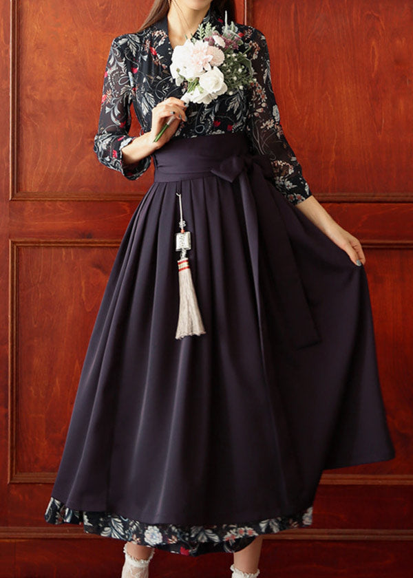 Navy Red Flower Modern Hanbok Dress