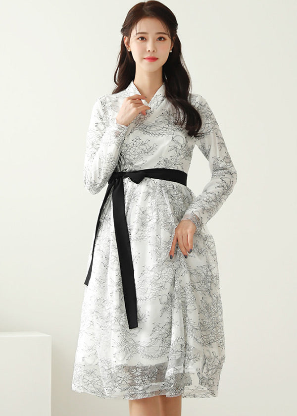 White Black Floral Modern Hanbok Dress, XXL / Dress Only White Black Floral Modern Hanbok Dress, XXL / Dress Only