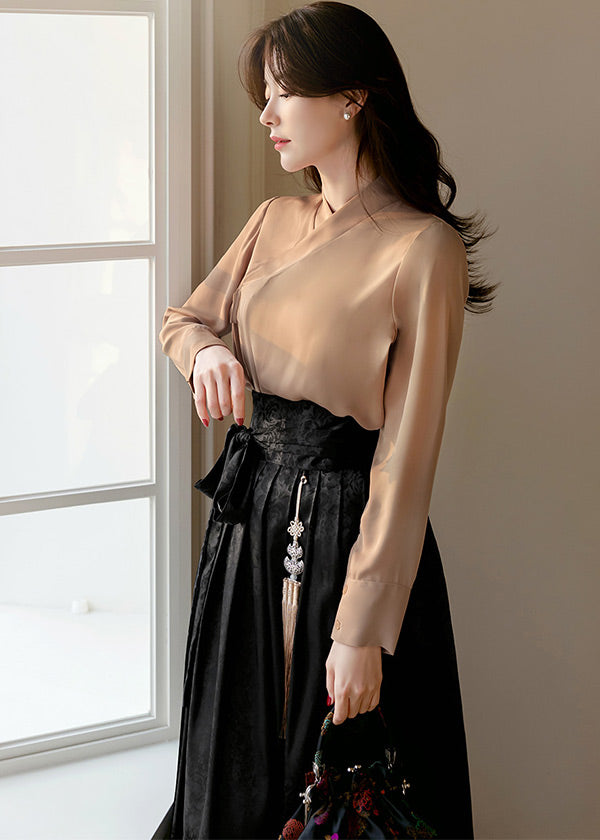 modern korean dress style female Basic Modern Hanbok Blouse in Brown Beige