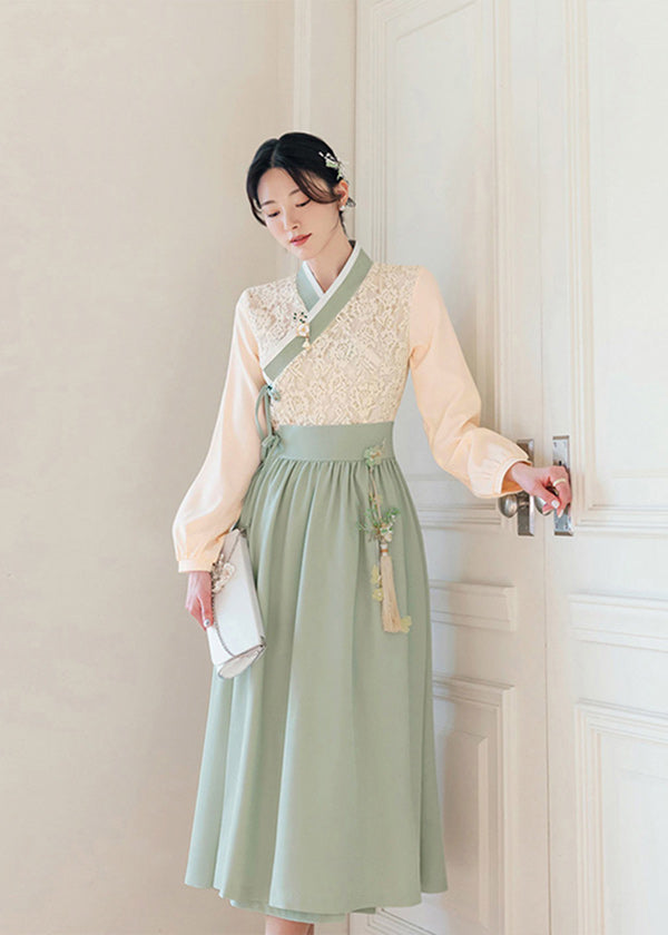Beige Floral Lace Modern Hanbok Dress in Light Green, F Beige Floral Lace Modern Hanbok Dress in Light Green, F