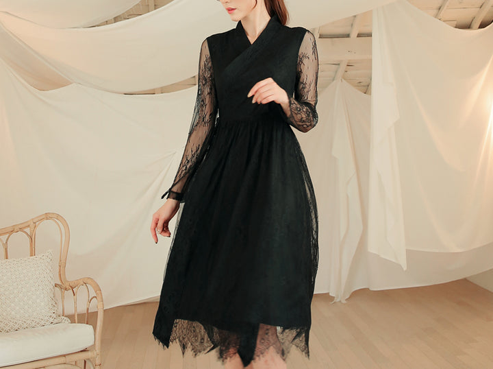 Black Modern Hanbok Dress, XL / Dress Only