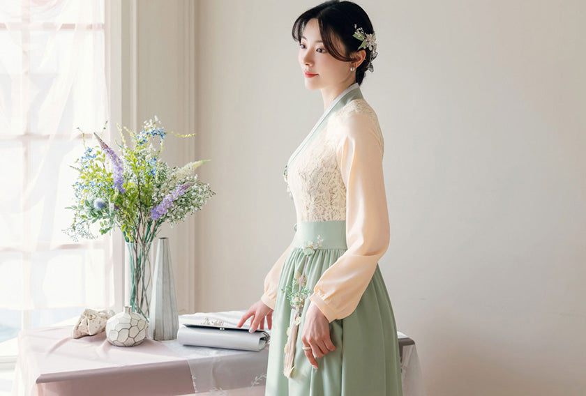 Beige Floral Lace Modern Hanbok Dress in Light Green, F