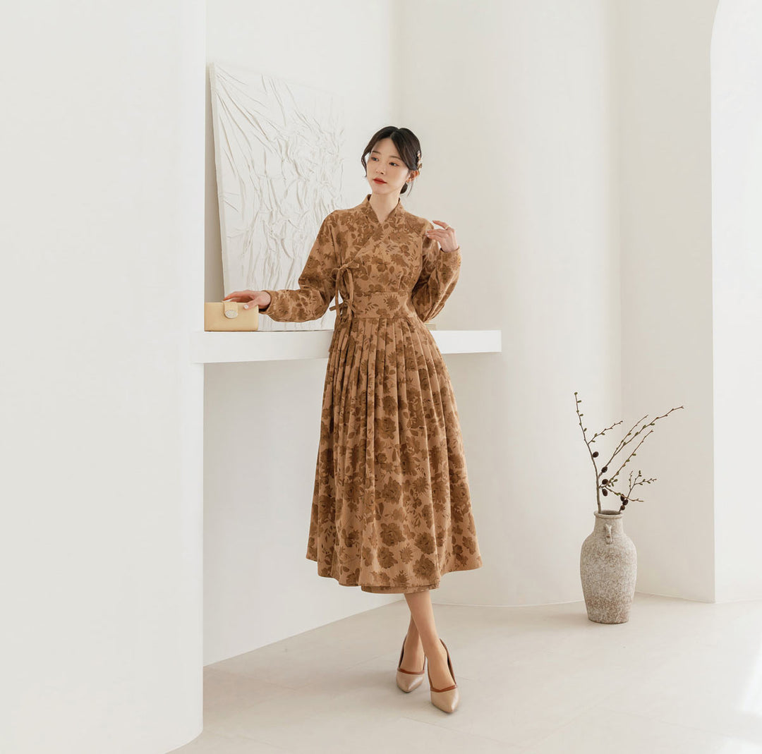 brown korean dress Corduroy Pleated Floral Modern Hanbok in – Joteta Online Shop What to Do If
