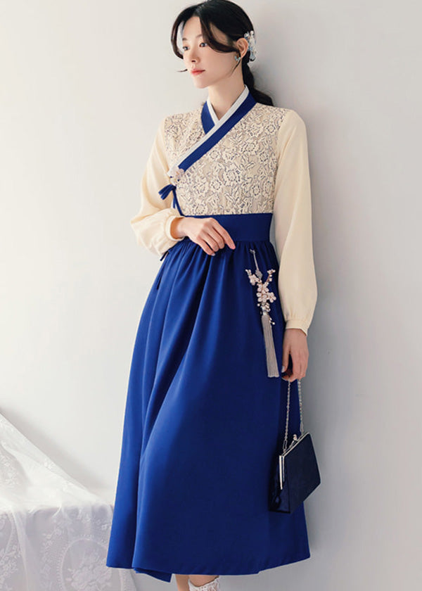 Beige Floral Lace Modern Hanbok Dress in Blue, XL / Dress Only Beige Floral Lace Modern Hanbok Dress in Blue, XL / Dress Only