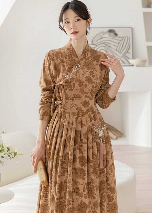 Hanbok Women Corduroy Dress, Korean Modern Hanbok offers Wrap Style Long Dress, Korea Modernized Daily Casual Long Sleeve Hanbok Dress Coral Color