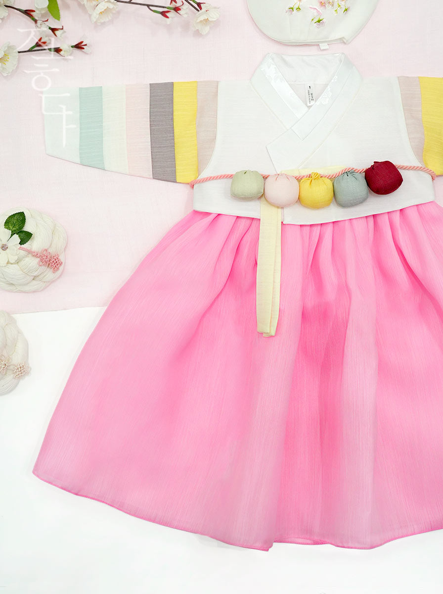 Cute Pink Candy Baby Girl Hanbok, 1 Year Old / Hat & Belt Set