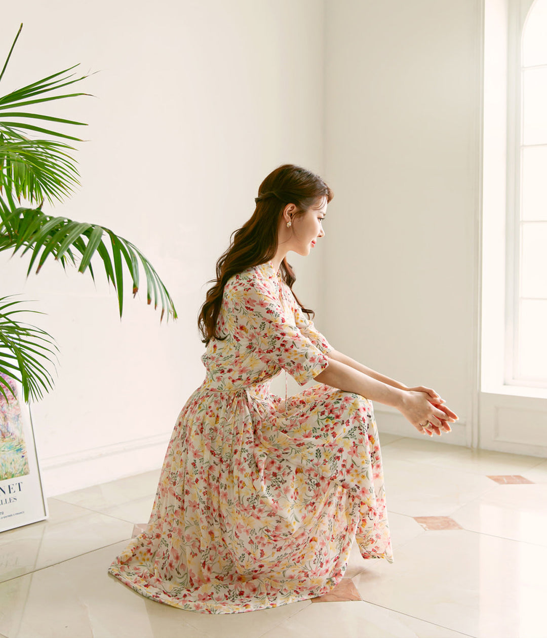 modern hanbok dress Short Sleeves Small Flower Pattern – Joteta Korean Online Shop gathered pleats Color:Sunshine RCT-KAMZ-202111 Purple And Gold Wedding