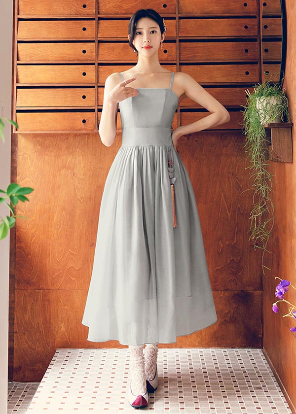 korean grey dress Modern Sleeveless Hanbok Dress in Gray, M / Dress & Jacket