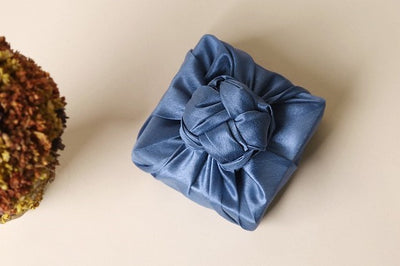 Royal blue single sided Bojagi is sophisticated and the intricate knot at the top gives this wrapping cloth a dash of finesse.