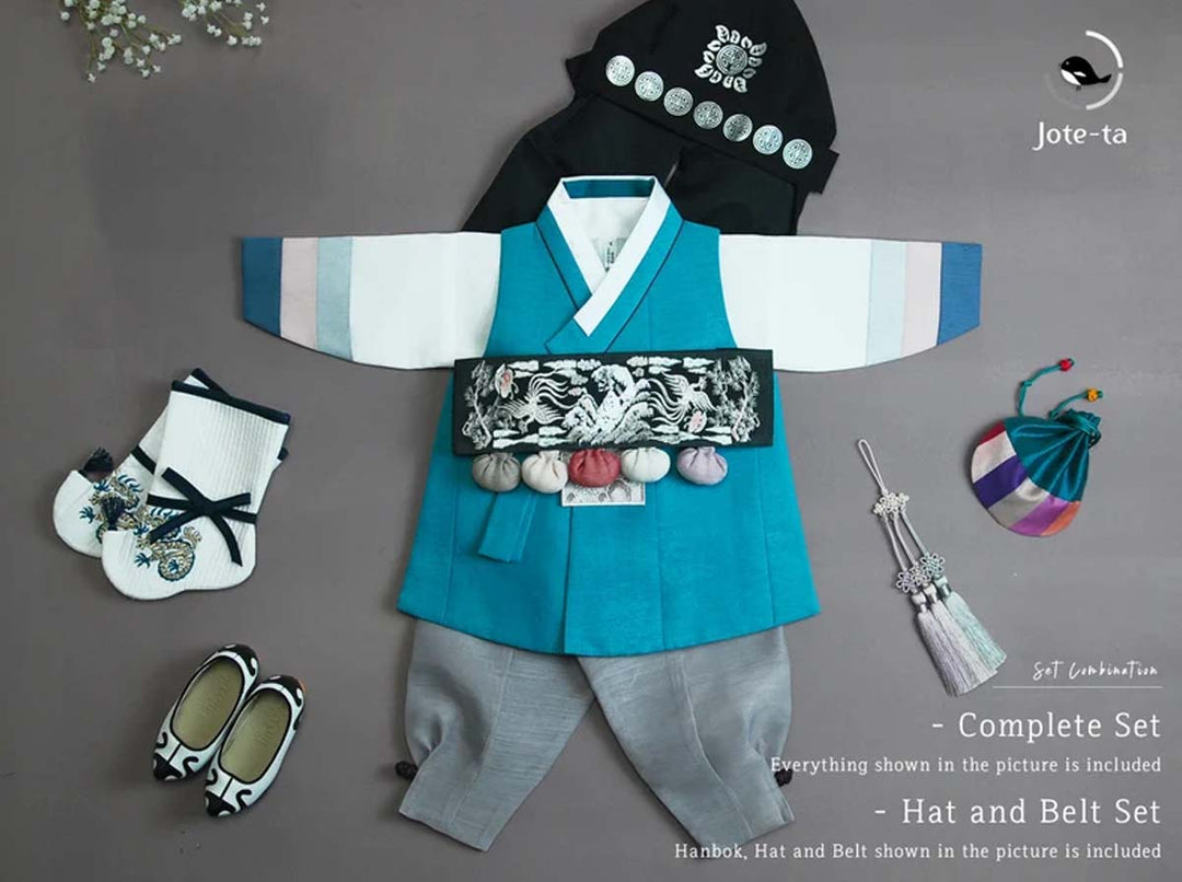 Candy Pop Saekdong with Aqua Blue 100 Days Baby Boy Hanbok | Baekil Hanbok | 100Days Baby Hanbok popular | Korean 100 Days