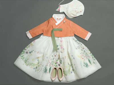 Friendly Princess baby girl hanbok in Orange/Ivory with Hanbok Shoes