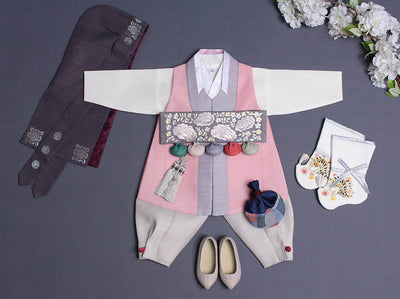 We offer the Classy Prince Baby Boy Hanbok in Pink in 100 day, 1 year, and 2 years old.