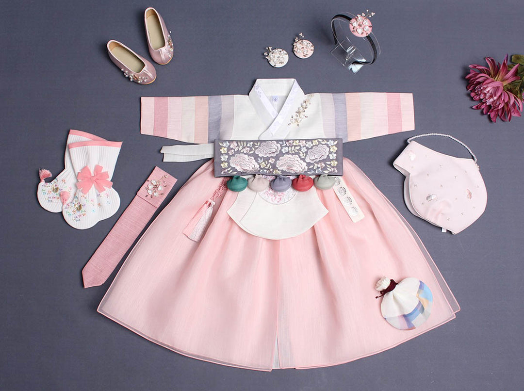 Beauty Baby Girl Hanbok in Ivory Coral Pink