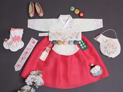 Rose Baby Girl Hanbok that comes in red and ivory with a complete set to dress a baby adorably for her baek-il or dol party.
