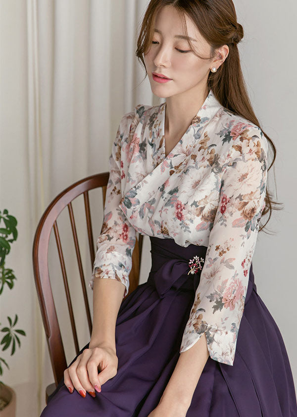 White Flower Modern Hanbok Dress, XL / Short / Dress Only