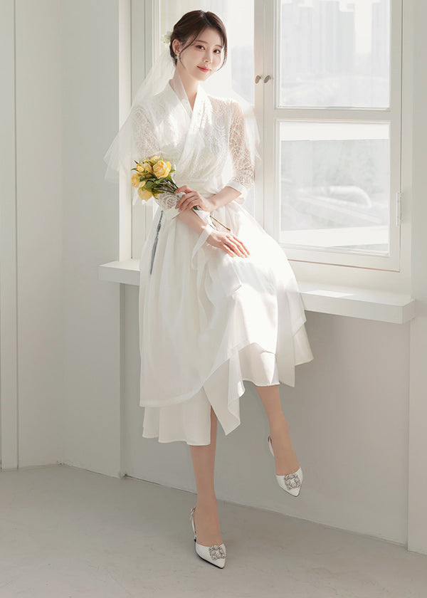 Pure White Modern Hanbok Dress for Self Wedding, M / Dress Only