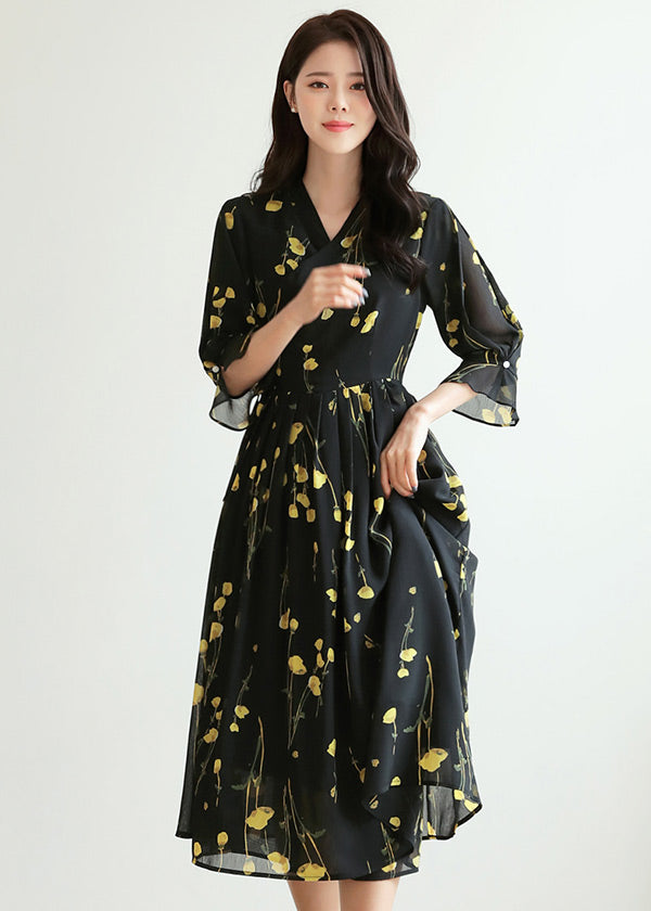 Black Yellow Flower Modern Hanbok Dress, XL / Dress & Skirt