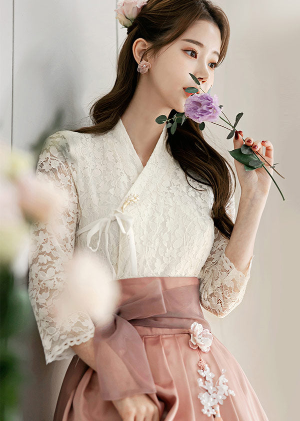 Cream Floral Pattern Modern Hanbok Dress, S / Dress Only Cream Floral Pattern Modern Hanbok Dress, S / Dress Only