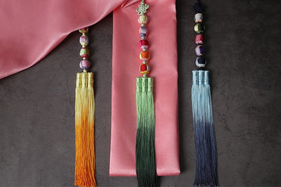 The Five Elements Trio Tassel Norigae is a beautiful and playful way to add something unique to your everyday look or to use with Bojagi.