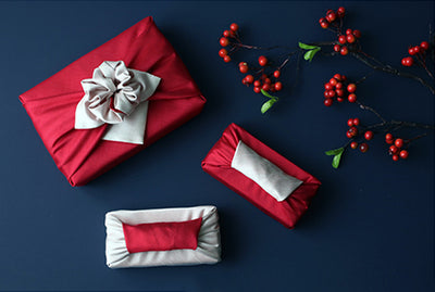 Deep red and silver-gray double sided Bojagi gift wrap is splendid for any Valentine's Day gift.