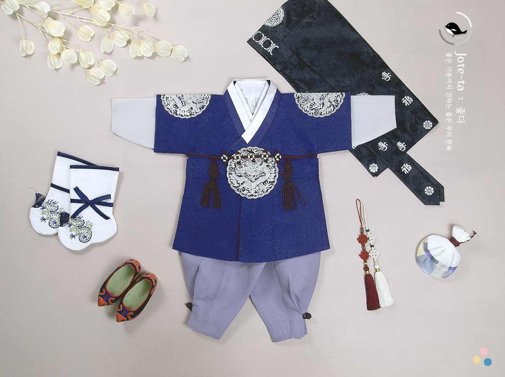 Adorable Prince in Teal Blue 100 Days Baby Boy Hanbok | retailer Baekil Hanbok | 100Days Baby Hanbok | Korean 100 Days