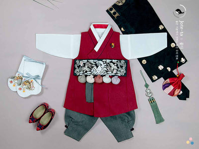 Baby Boy Hanbok in Berry with Dol accessories 