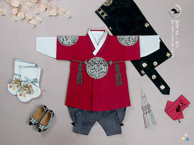 Baby boy hanbok in fierce red with Dol accessories