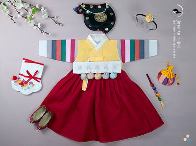 Lovely Princess Baby Girl Hanbok in Yellow & Red with Dol Accessories