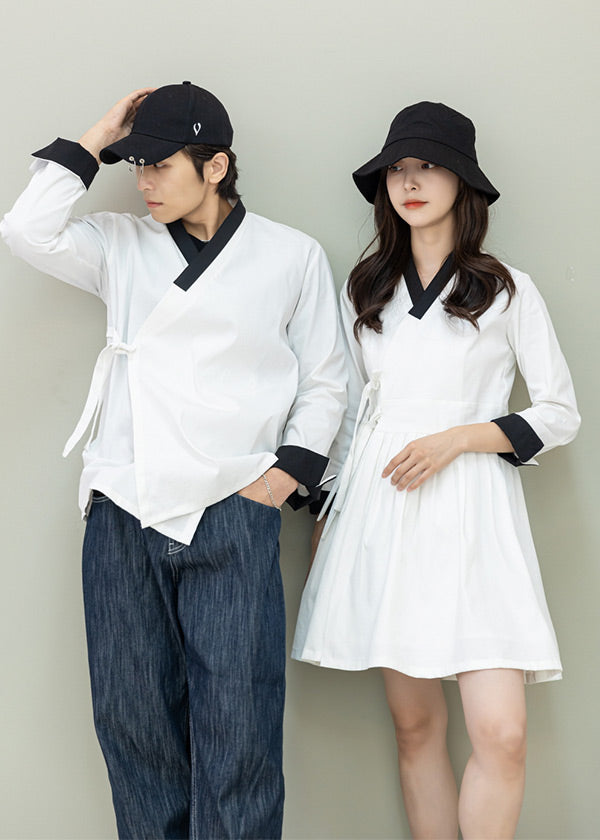 Handmade Modern Hanbok Linen Shirt For Men | White Half-sleeves Men's Jeogori store (SNM0008)